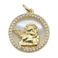 copper circle pendant pave zircon with shell faery, gold plated, approx 15mm dia [FN15799]