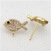 copper Studs Earrings paved zircon, fish, gold plated, approx 6-13mm [FN16021]