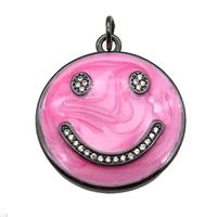 copper Emoji pendant paved zircon with pink enamel, happiness face, black plated, approx 25mm dia [FN26461]