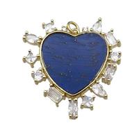 copper heart pendant pave lapis zircon, gold plated, approx 30mm [FN29591]