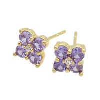 Copper Stud Earring Pave Purple Crystal Glass Flower Gold Plated, approx 8x8mm [FN35207]
