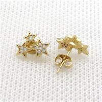Copper Stud Earrings Pave Zircon Star Gold Plated, approx 8-11mm [FN39079]