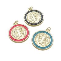 Copper Jesus Pendant Religious Medal Charms CSPB Enamel Circle Gold Plated Mixed, approx 20mm [FN39471]