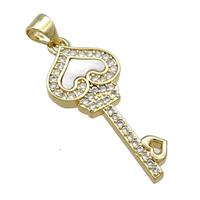 Copper Key Pendant Pave Shell Zircon 18K Gold Plated, approx 12-28mm [FN39572]