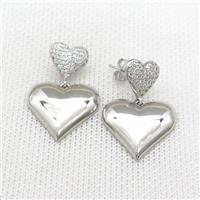 Copper Heart Stud Earrings Pave Zircon Platinum Plated, approx 11mm, 20mm [FN39727]