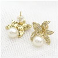 Copper Flower Stud Earrings Pave Zircon Pearlized Plastic Gold Plated, approx 8mm, 21mm [FN39731]