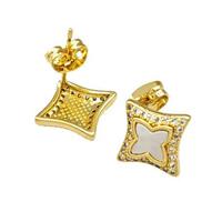 Copper Stud Earrings Pave Shell Zirconia Star 18K Gold Plated, approx 13.5mm [FN40206]