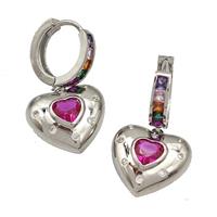 Copper Hoop Earrings Micro Pave Fuchsia Zirconia Heart Platinum Plated, approx 14mm, 12mm dia [FN40248]