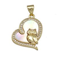 Copper Heart Pendant Pave Shell Zircon Owl Charms 18K Gold Plated, approx 18-19mm [FN40905]