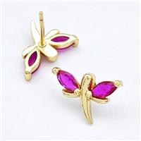 Copper Dragonfly Stud Earrings Pave Fuchsia Zirconia Gold Plated, approx 10-15mm [FN41741]