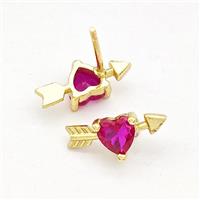 Copper Stud Earrings Pave Fuchsia Zircon Cupids Arrow Heart Gold Plated, approx 6-14mm [FN41769]