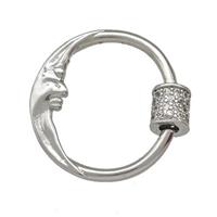 Copper Carabiner Clasp Pave Zircon Moon Platinum Plated, approx 21mm [FN42323]