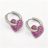 Copper Hoop Earrings Heart Pave Pink Zirconia Platinum Plated, approx 14mm, 17mm dia [FN43656]