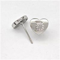 Copper Heart Stud Earring Pave Zirconia Letter-D Platinum Plated, approx 8-9mm [FN43860]