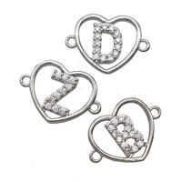 Copper Heart Alphabet Connector Pave Zirconia Mix Letters Platinum Plated, approx 15.5mm [FN44808]