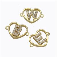 Copper Heart Alphabet Connector Pave Zirconia Mix Letters Gold Plated, approx 15.5mm [FN44835]