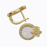 Copper Circle Latchback Earrings Pave Zirconia White Fire Opal Flower 18K Gold Plated, approx 12-16mm [FN45076]