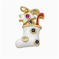 Christmas Stocking Charms Copper Pendant Pave Zirconia White Enamel Gold Plated, approx 11-17mm [FN45781]