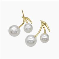 Copper Cherry Charms Stud Earrings Micropave Pearlized Resin Gold Plated, approx 10mm, 12mm, 25mm [FN47725]