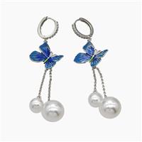 Copper Hoop Earrings Pave Pearlized Resin Blue Painted Butterfly Platinum Plated, approx 8mm, 11.5mm, 15-18mm, 14mm dia [FN47727]