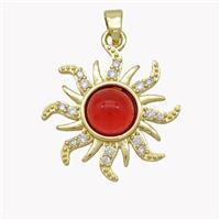 Copper Sun Pendant Pave Zirconia Red Jade Gold Plated, approx 22mm [FN49183]