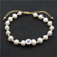 White Pearl Bracelet Evil Eye Adjustable, approx 7-8mm, 16-24cm length [FR11000]