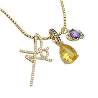 Copper Necklace Pave Zircon Crystal Glass Gold Plated, approx 10-14mm, 10-12mm, 22-36mm, 2mm, 45-50cm length [FR11192]