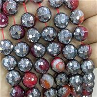 Natural Stripe Agate Beads Faceted Round Red Dye Platinum Plated, approx 12mm dia [GA3476]