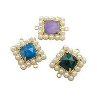 Copper Square Connector Pave Gemstone Pearlized Resin Mixed Gold Plated, approx 17x17mm [GM21097]