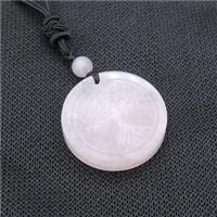 Pink Rose Quartz Circle Necklace Tree Of Life Black Nylon Rope Cord, approx 30mm [GM21435]