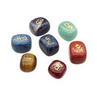 7 Chakra Symbol Natural Gemstone Cube Beads No Hole Undrilled Mixed, approx 12-16mm, 7pcs per set [GM21771]