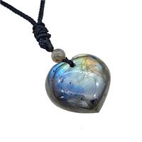 Natural Labradorite Heart Necklace Black Nylon Rope Adjustable, approx 30mm [GM22142]
