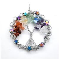 Mixed Gemstone Chakra Chips Pendant Tree Of Life Copper Wire Wrapped Platinum Plated, approx 50mm [GM22149]