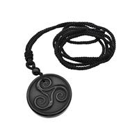 Natural Black Obsidian Triskelion Necklace Circle Black Nylon Rope, approx 32mm [GM22417]
