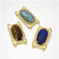 Natural Gemstone Oval Connector Copper Pave Zirconia Gold Plated Mixed, approx 16-26mm [GM24462]