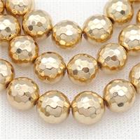 faceted round Hematite Beads, light KC-gold electroplated, approx 12mm dia [HB0907-12MM]