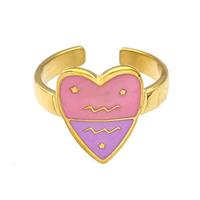Stainless Steel Heart Rings Zodiac Aquarius Pink Enamel Gold Plated, approx 12.5-15mm, 18mm dia [SSB5519]