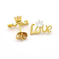 Stainless Steel Love Stud Earring Pave Rhinestone Gold Plated, approx 8-12mm [SSB5675]