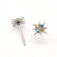 Raw Stainless Steel NorthStar Stud Earring Pave Multicolor Rhinestone, approx 8mm [SSB5717]
