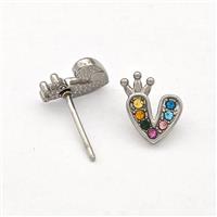 Raw Stainless Steel Heart Stud Earrings Pave Multicolor Rhinestone Crown, approx 9-10mm [SSB5773]