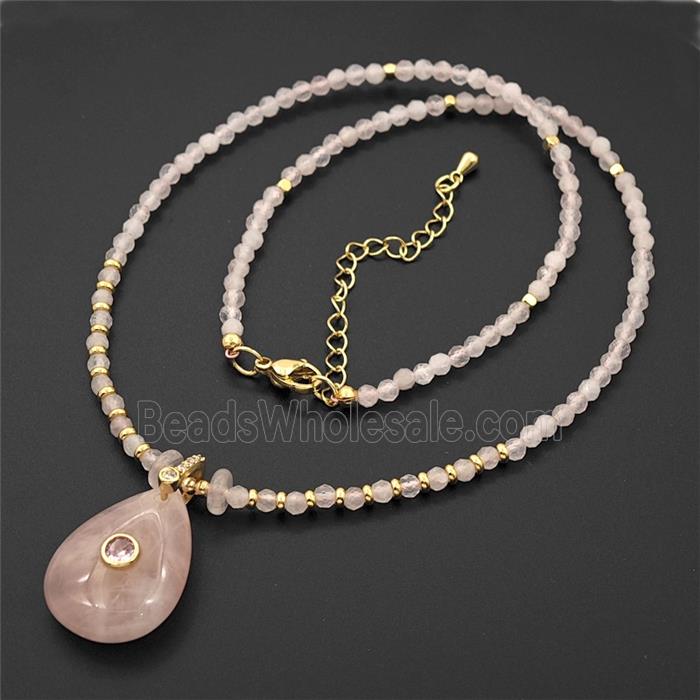 Pink Rose Quartz Teardrop Pendant Necklaces