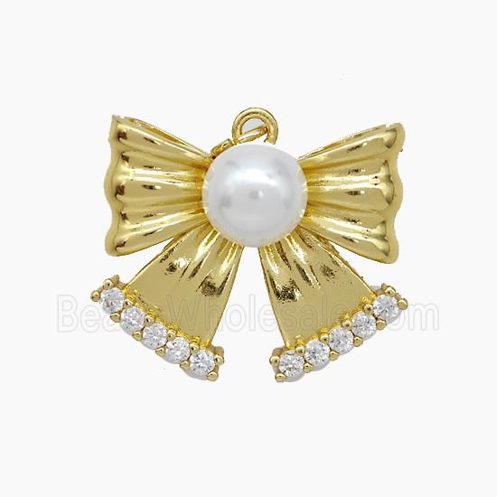Copper Knotbow Pendant Pave Zirconia White Pearlized Resin Gold Plated
