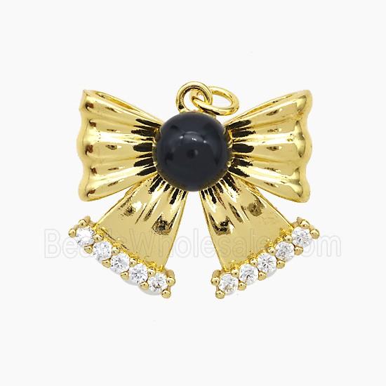 Copper Knotbow Pendant Pave Zirconia Black Pearlized Resin Gold Plated