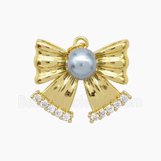 Copper Knotbow Pendant Pave Zirconia Gray Pearlized Resin Gold Plated