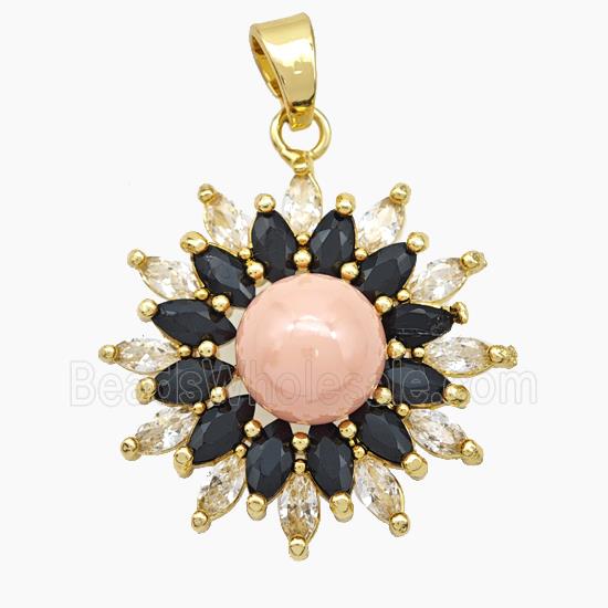 Copper Flower Pendant Pave Zirconia Pink Pearlized Resin Gold Plated