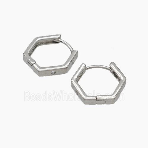 Copper Hexagon Hoop Earrings Micropave Zirconia Platinum Plated