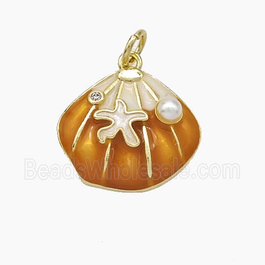 Copper Scallop Shell Pendant Pave Pearlized Resin Brown Painted Gold Plated