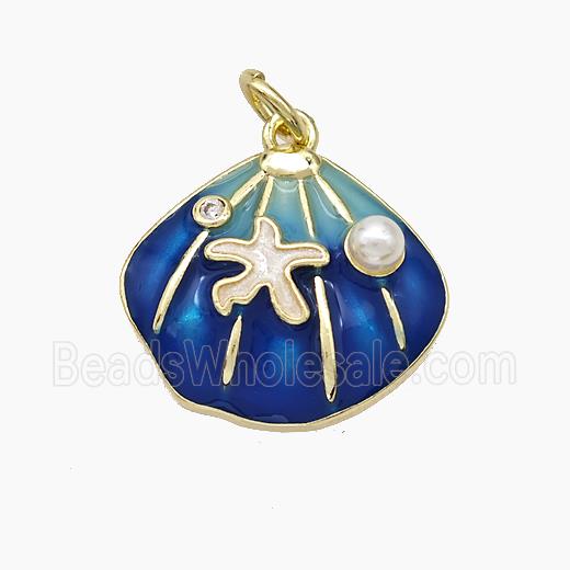 Copper Scallop Shell Pendant Pave Pearlized Resin Blue Painted Gold Plated