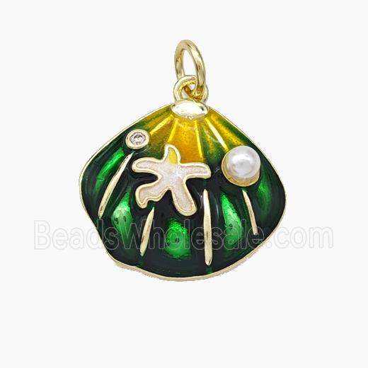 Copper Scallop Shell Pendant Pave Pearlized Resin Green Painted Gold Plated