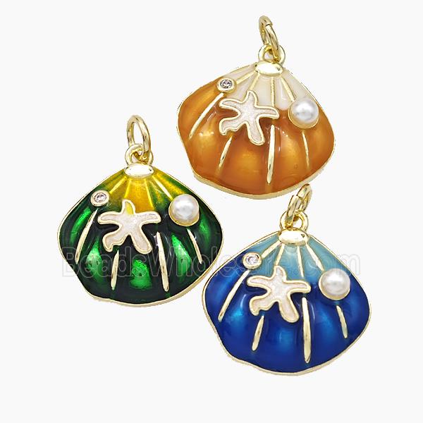 Copper Scallop Shell Pendant Pave Pearlized Resin Painted Gold Plated Mixed
